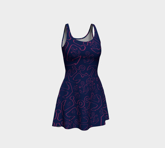 Anchor Dream Flare Dress - Pink on Navy - SummerTies