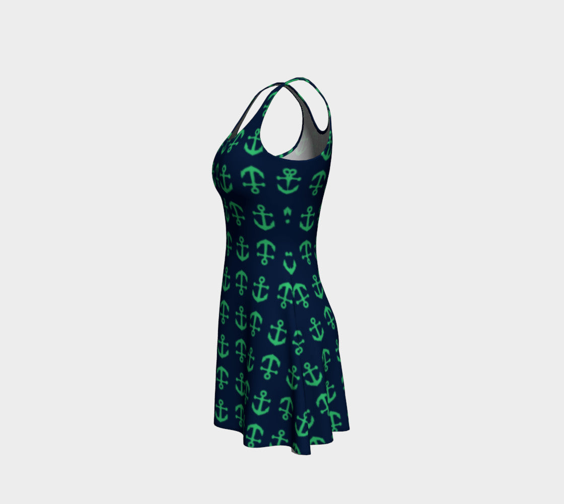Anchor Toss Flare Dress - Green on Navy - SummerTies
