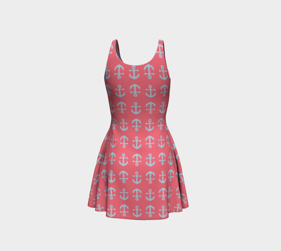 Anchor Toss Flare Dress - Light Blue on Coral - SummerTies