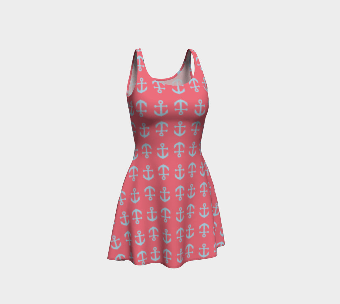 Anchor Toss Flare Dress - Light Blue on Coral - SummerTies