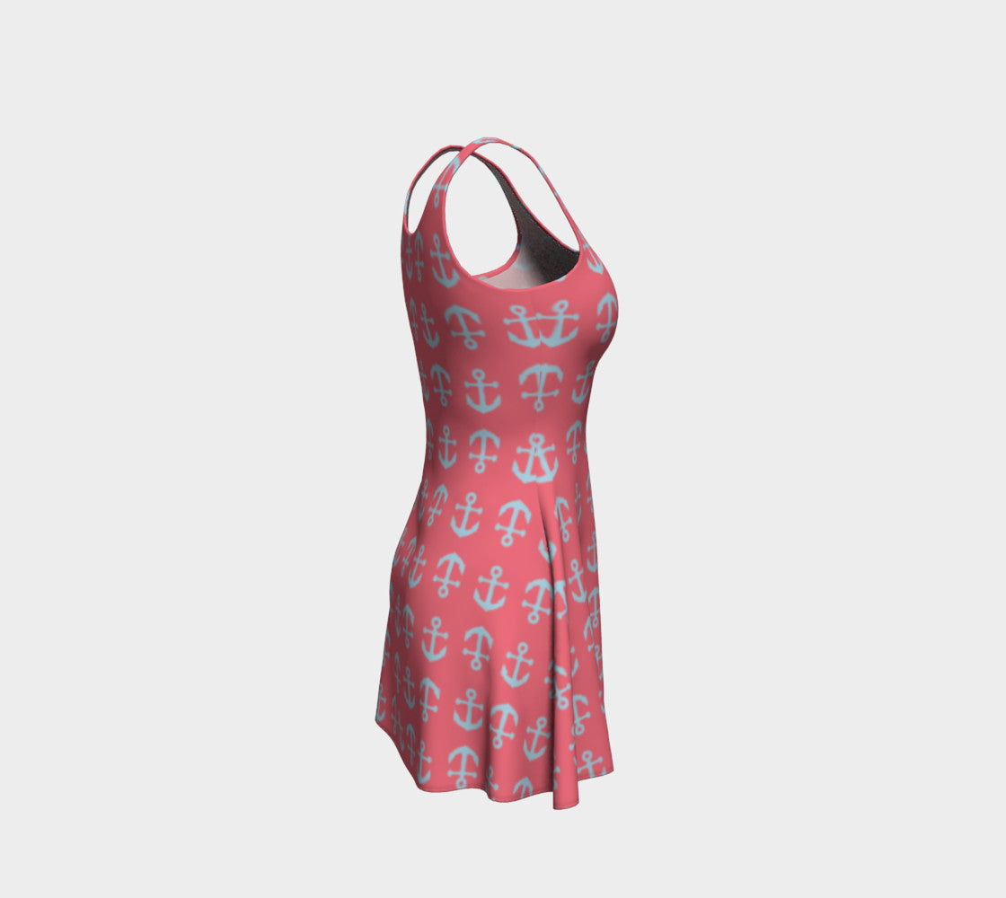 Anchor Toss Flare Dress - Light Blue on Coral - SummerTies