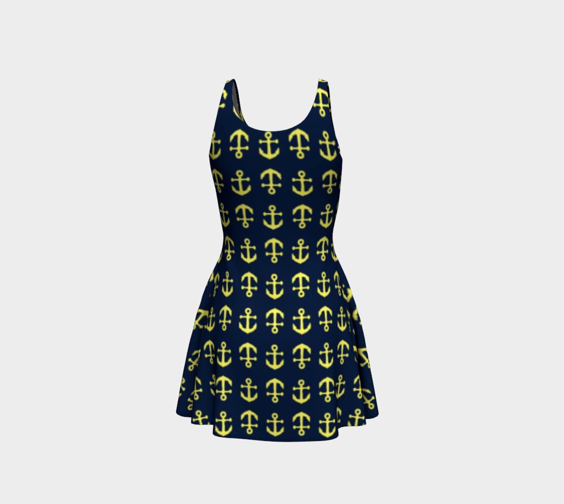 Anchor Toss Flare Dress - Yellow on Navy - SummerTies