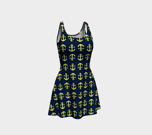 Anchor Toss Flare Dress - Yellow on Navy - SummerTies