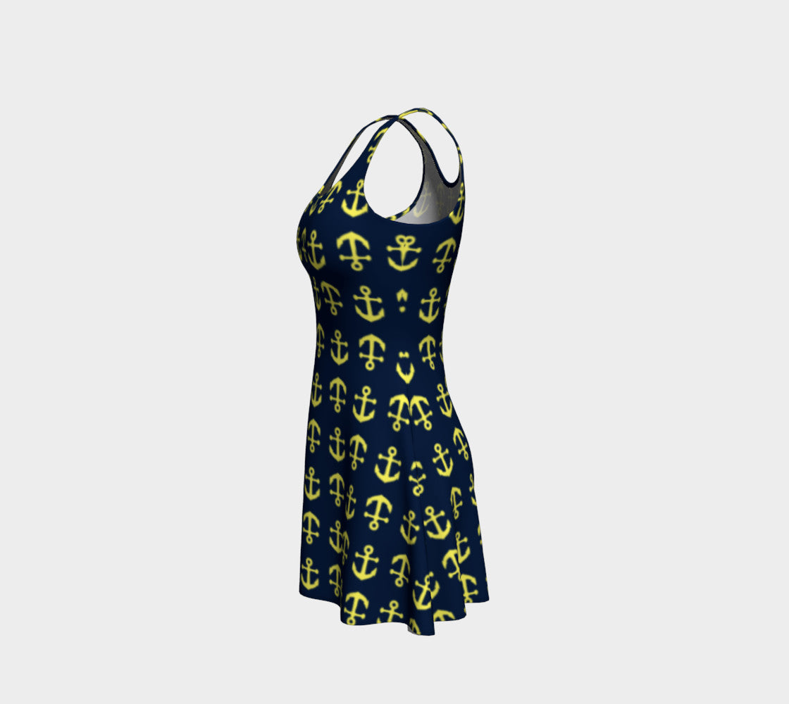 Anchor Toss Flare Dress - Yellow on Navy - SummerTies