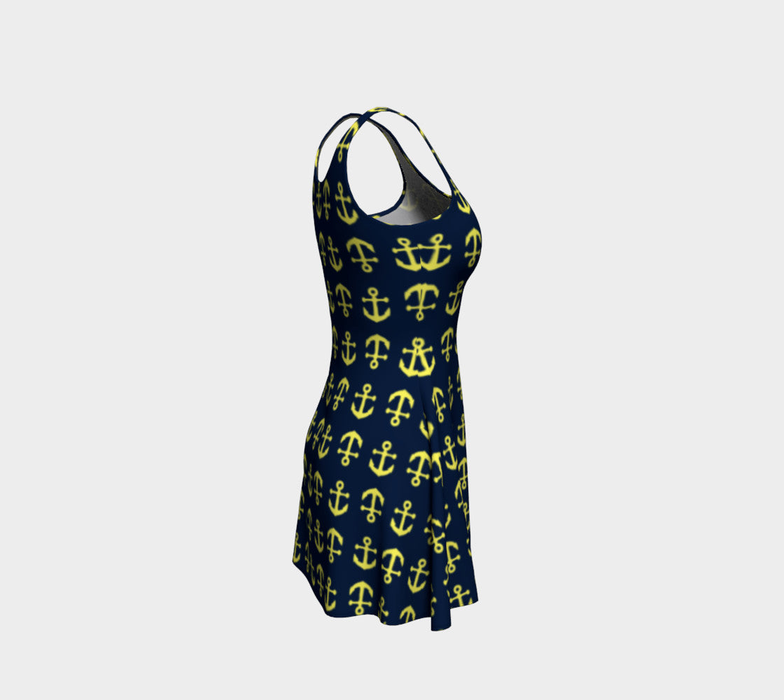 Anchor Toss Flare Dress - Yellow on Navy - SummerTies