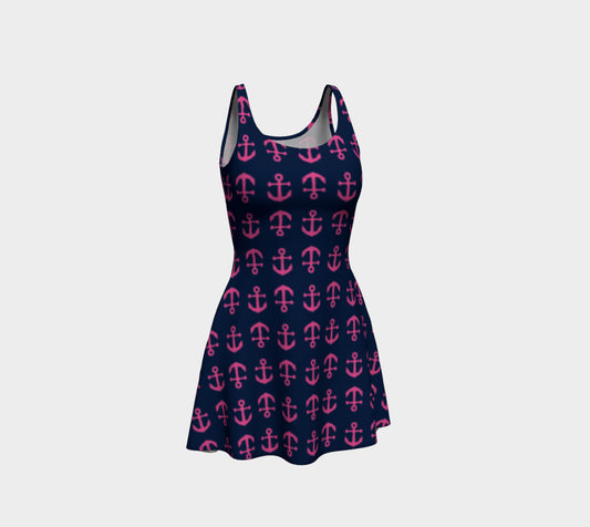 Anchor Toss Flare Dress - Pink on Navy - SummerTies