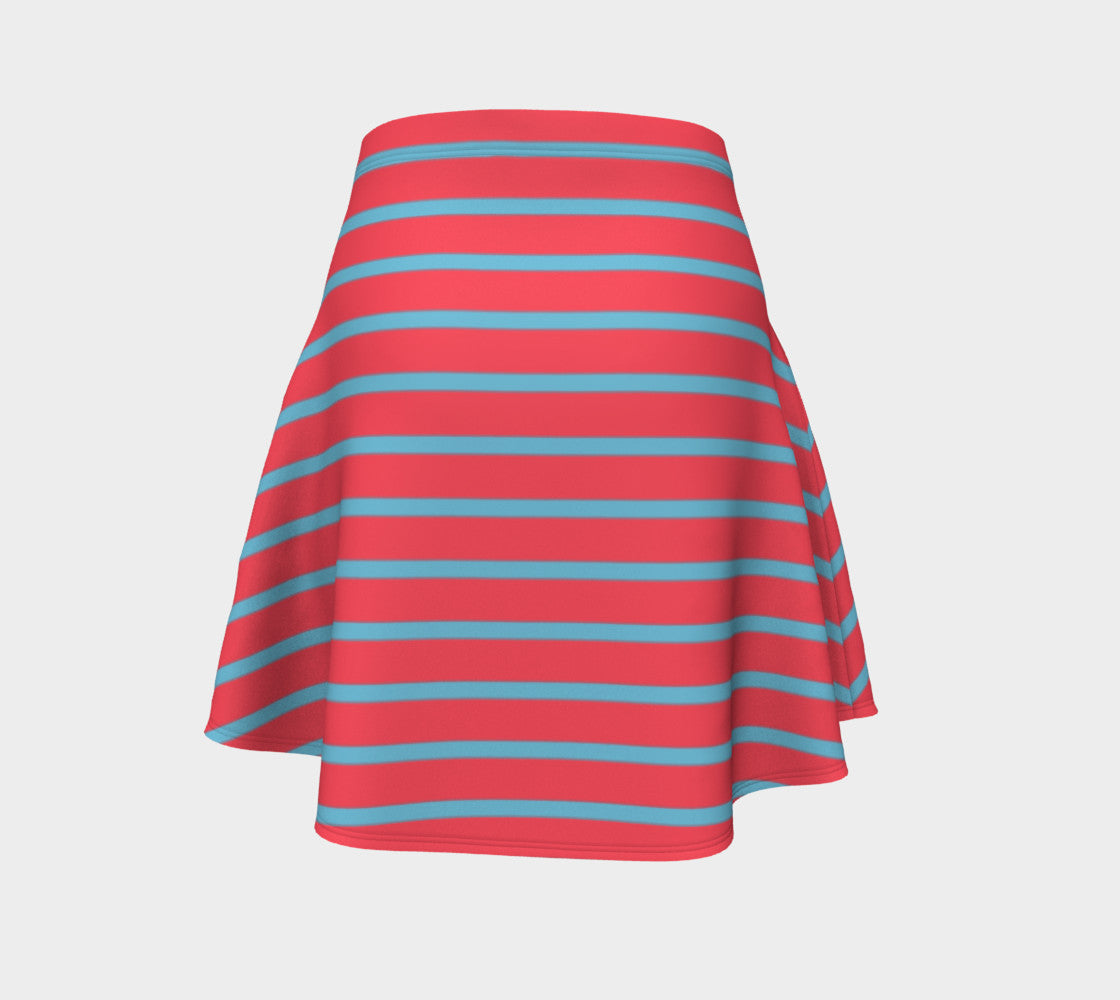 Striped Flare Skirt - Light Blue on Darker Coral - SummerTies