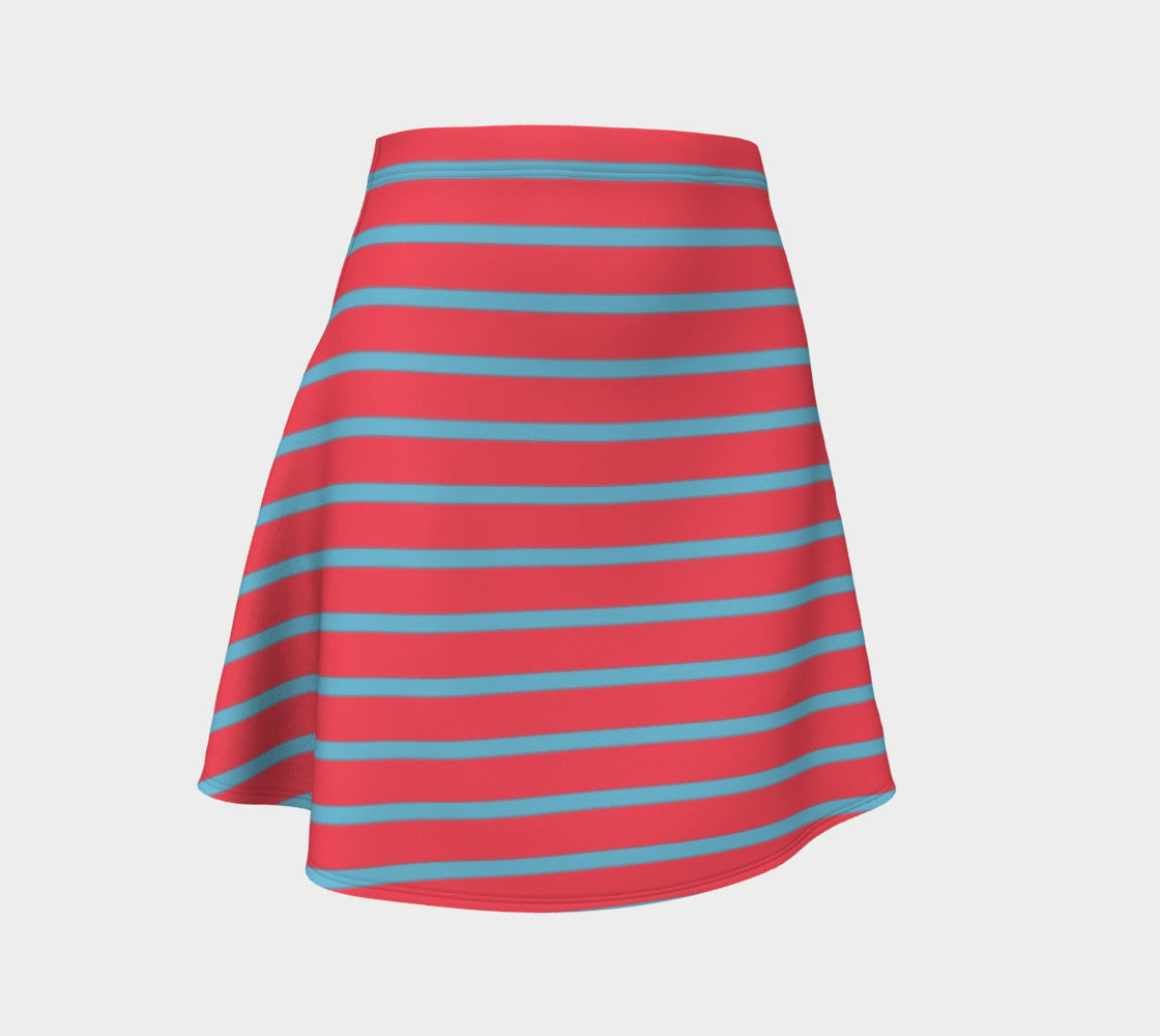 Striped Flare Skirt - Light Blue on Darker Coral - SummerTies