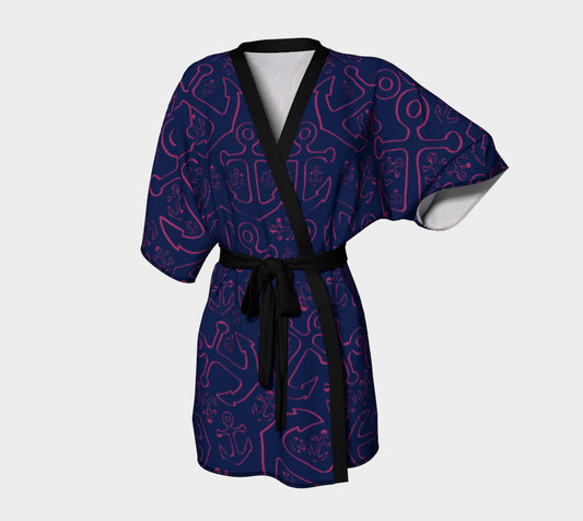 Anchor Dream Kimono Robe - Pink on Navy - SummerTies