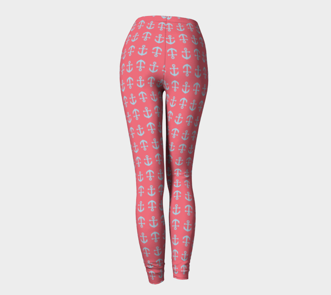 Anchor Toss Adult Leggings - Light Blue on Coral - SummerTies