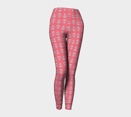 Anchor Toss Adult Leggings - Light Blue on Coral - SummerTies