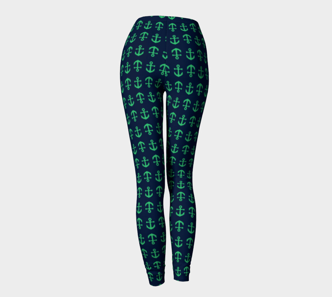 Anchor Toss Adult Leggings - Green on Navy - SummerTies