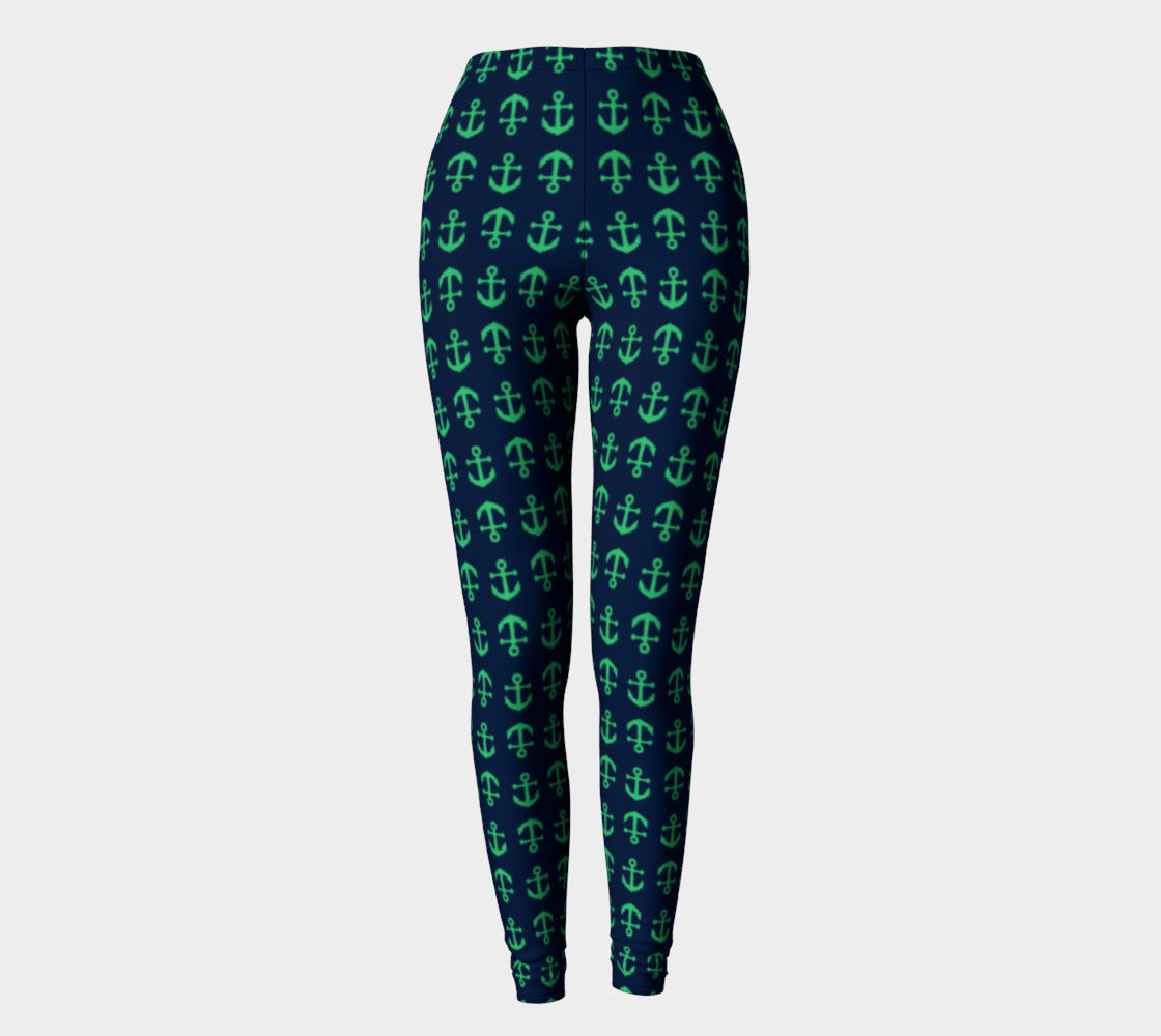 Anchor Toss Adult Leggings - Green on Navy - SummerTies