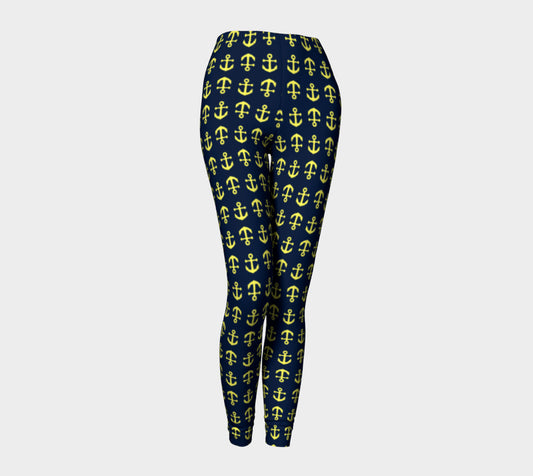 Anchor Toss Adult Leggings - Yellow on Navy - SummerTies