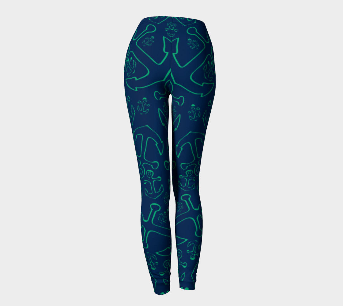 Anchor Dream Adult Leggings - Green on Navy - SummerTies