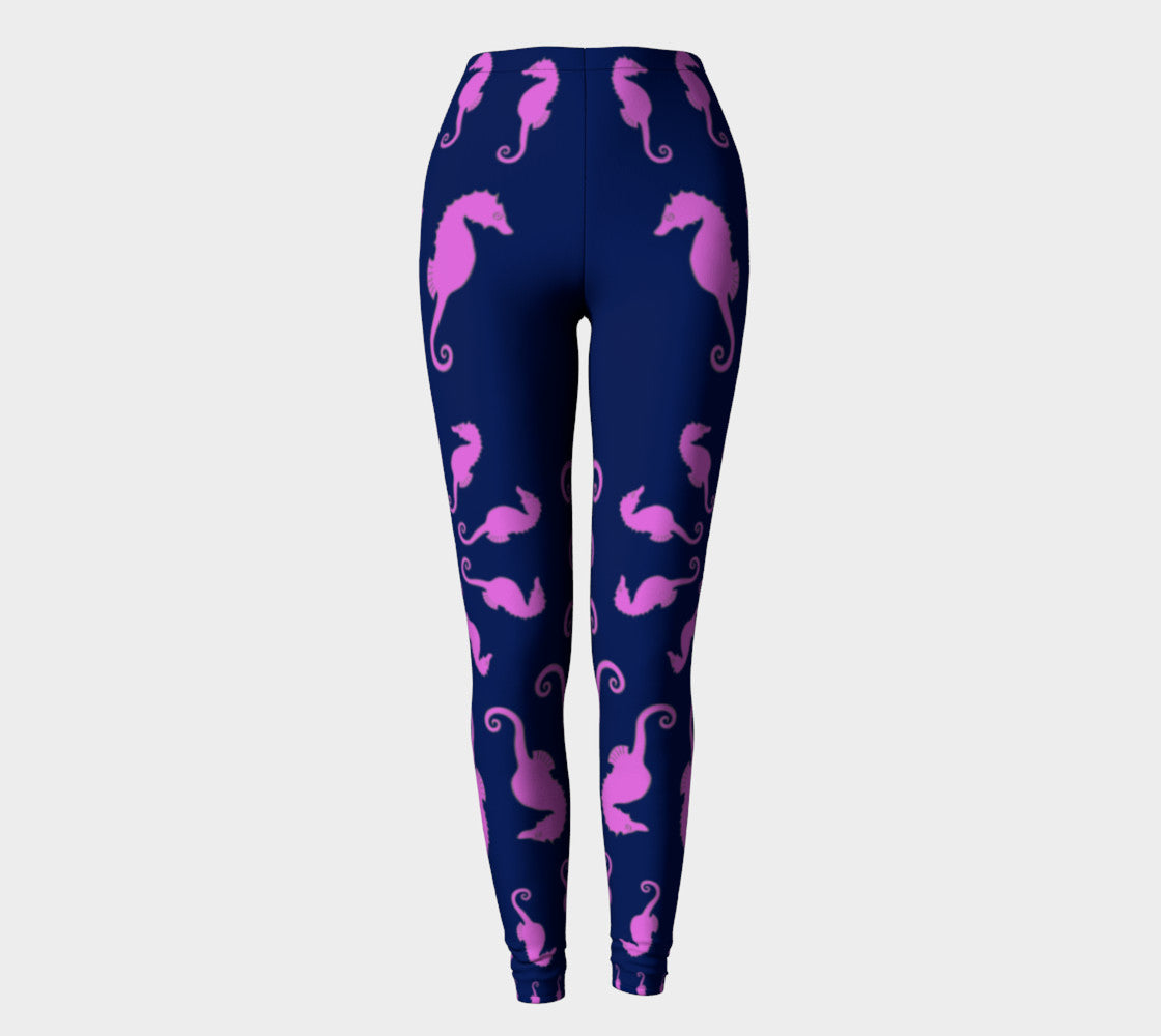 Seahorse Adult Leggings - Pink on Navy - SummerTies