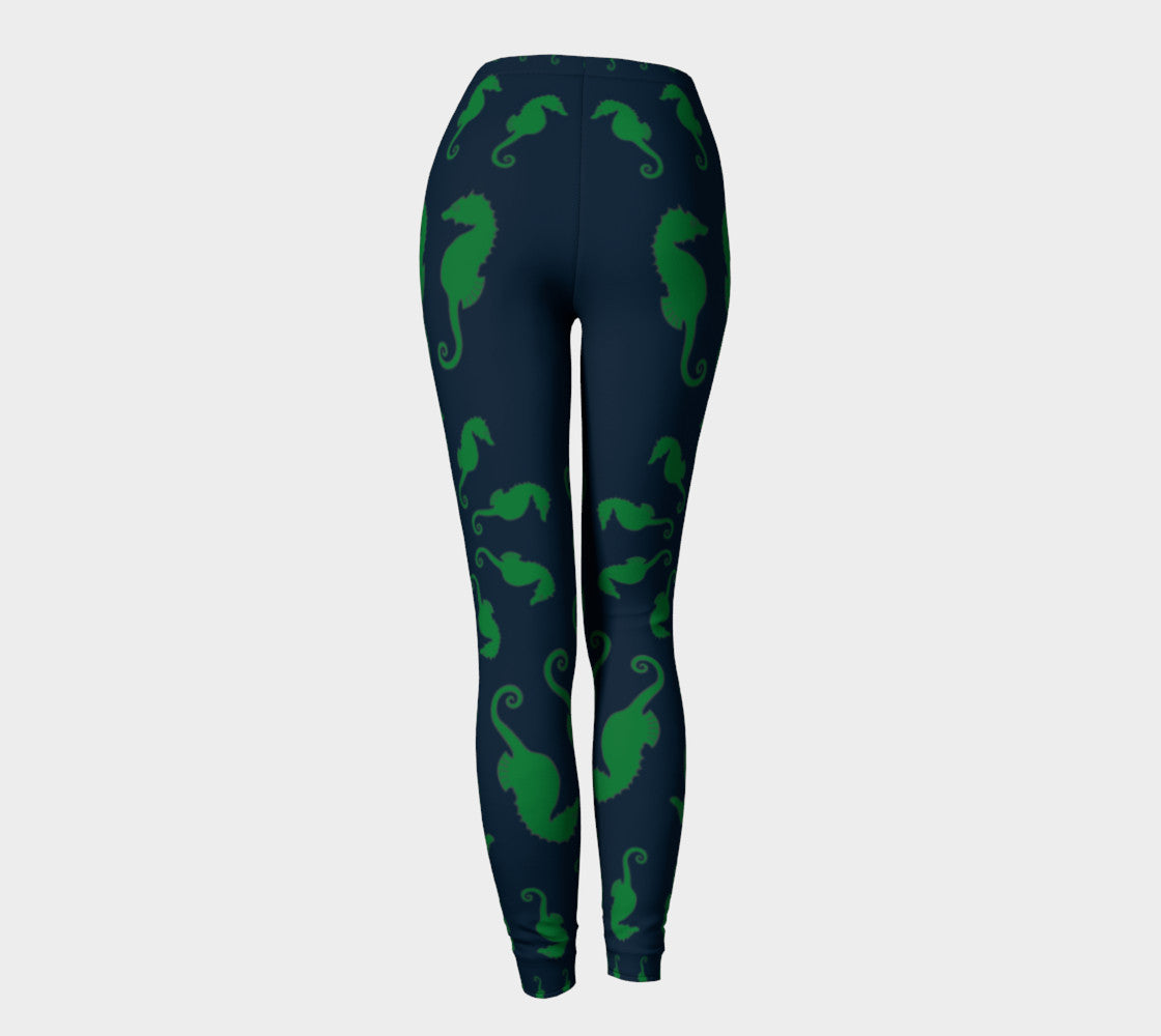 Seahorse Adult Leggings - Green on Navy - SummerTies