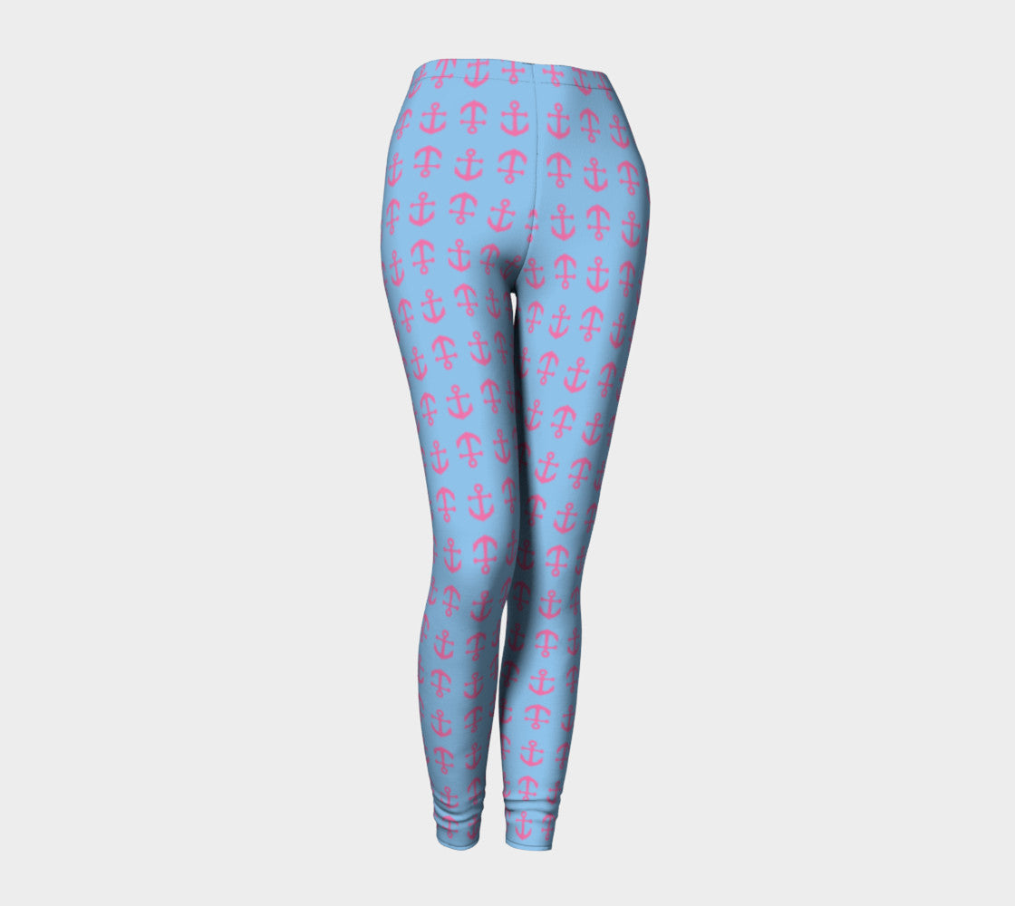 Anchor Toss Adult Leggings - Pink on Light Blue - SummerTies