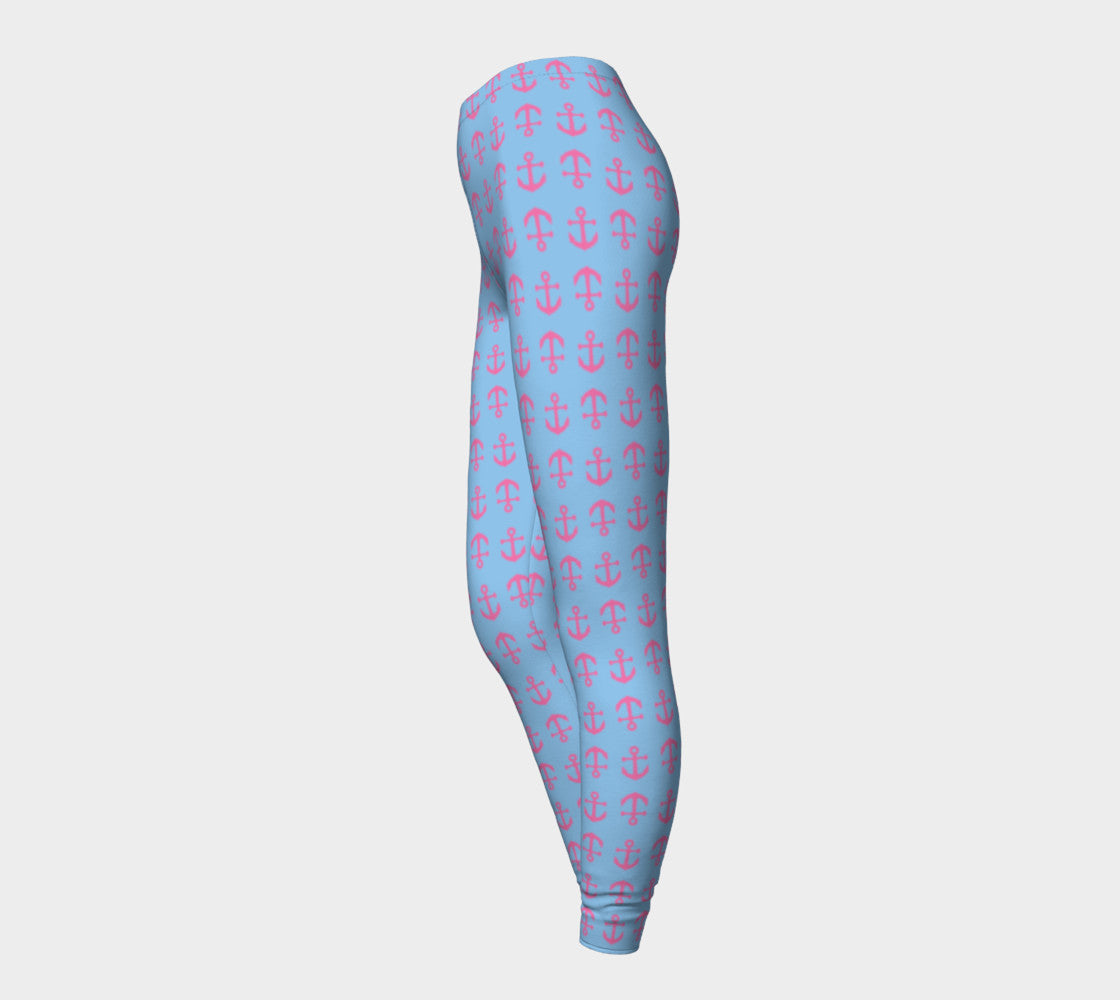 Anchor Toss Adult Leggings - Pink on Light Blue - SummerTies