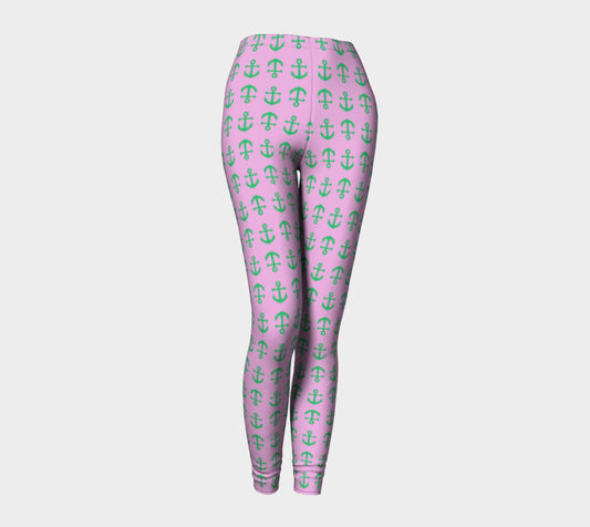 Anchor Toss Adult Leggings - Green on Light Pink - SummerTies