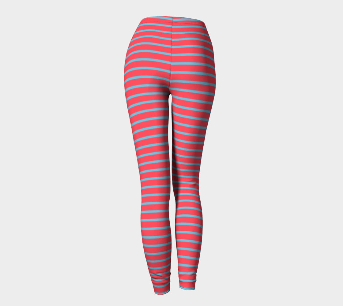 Striped Adult Leggings - Light Blue on Darker Coral - SummerTies