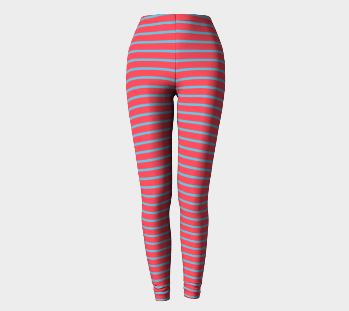 Striped Adult Leggings - Light Blue on Darker Coral - SummerTies