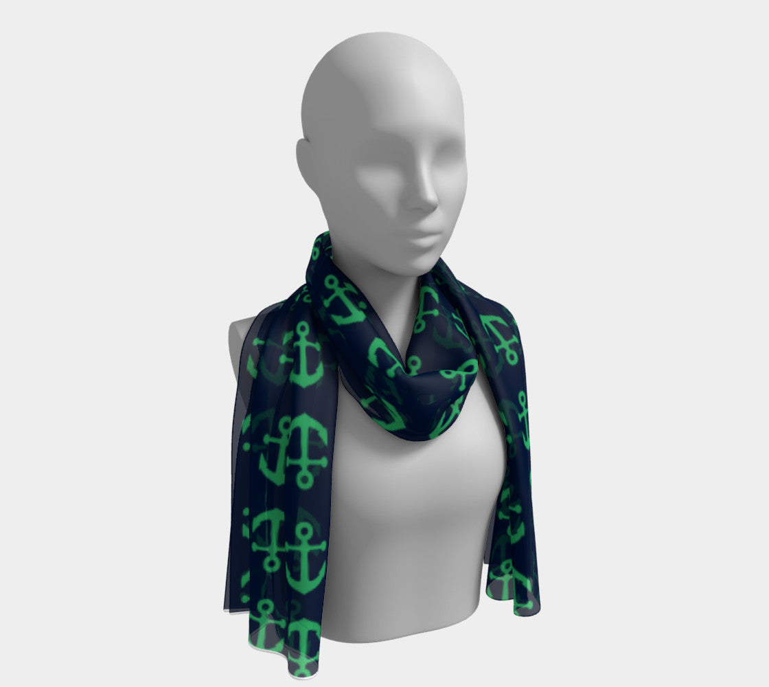 Anchor Toss Long Scarf - Green on Navy - SummerTies