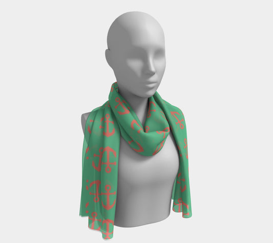 Anchor Toss Long Scarf - Coral on Green - SummerTies