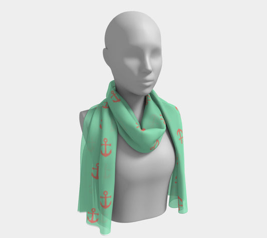 Anchor Spread Long Scarf - Coral on Light Green - SummerTies