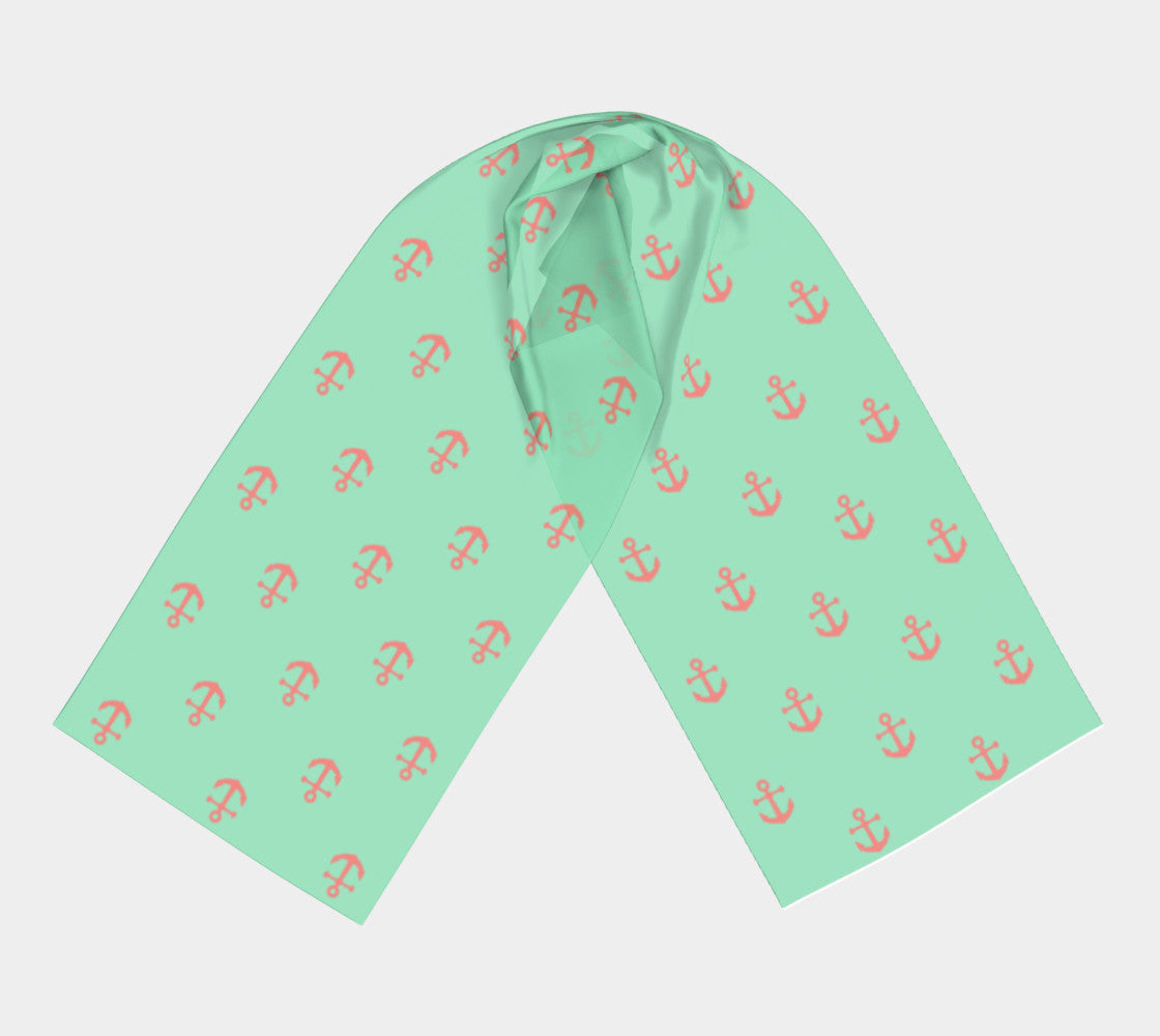 Anchor Spread Long Scarf - Coral on Light Green - SummerTies