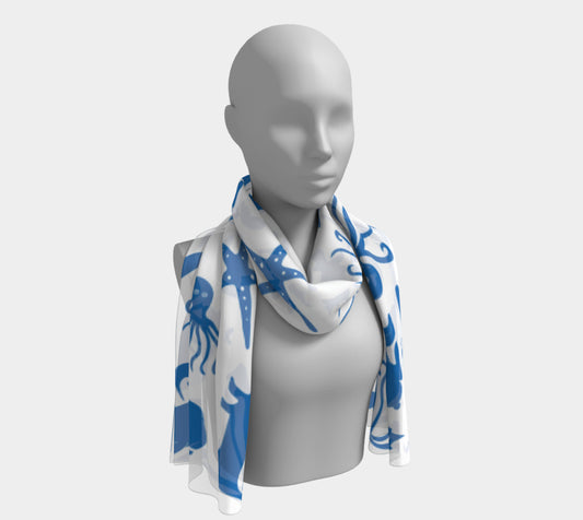 Multi Creature Long Scarf - Blue on White - SummerTies