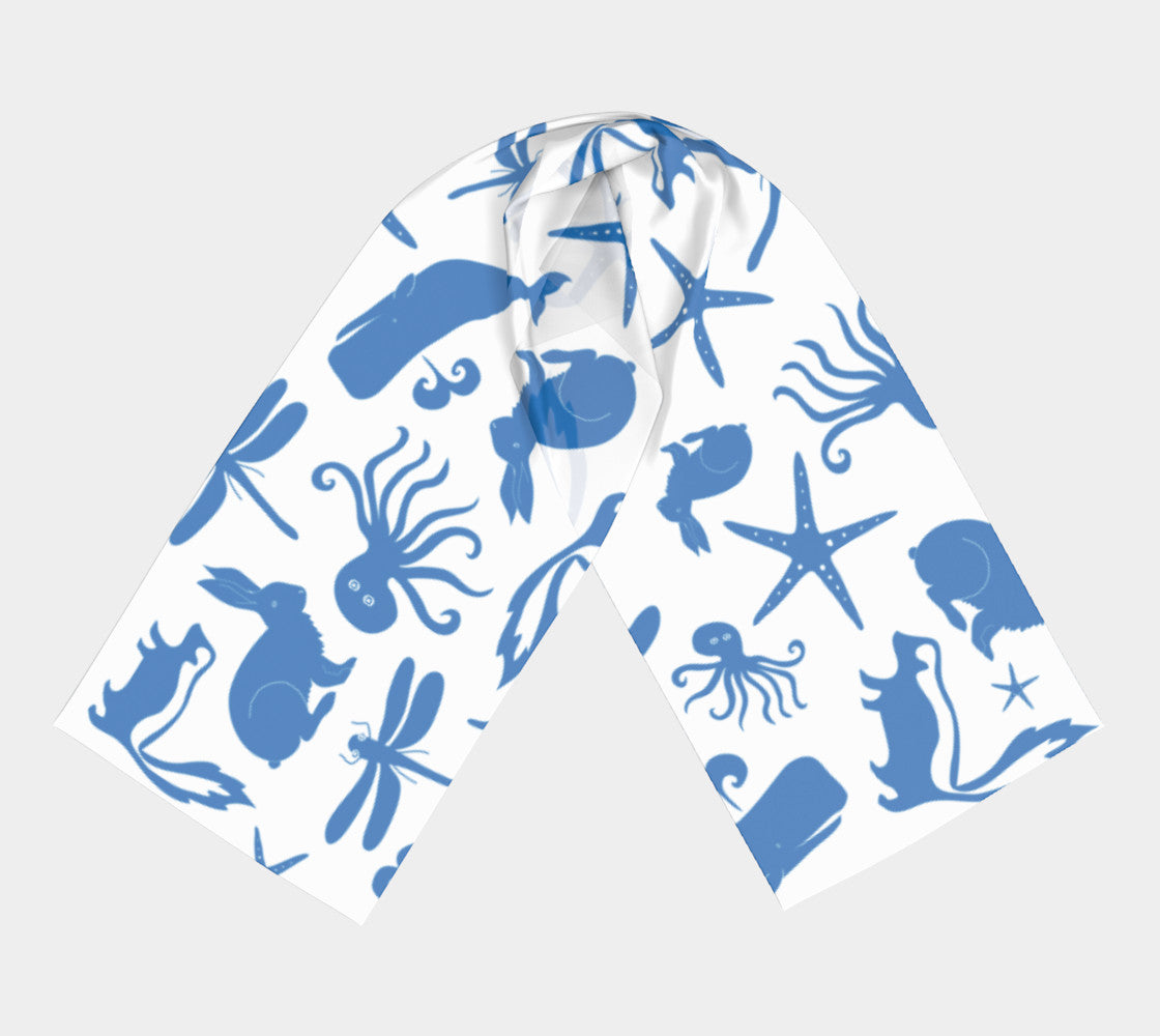 Multi Creature Long Scarf - Blue on White - SummerTies