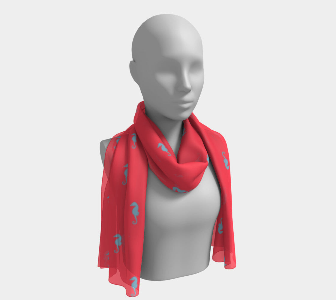 Seahorse Long Scarf - Light Blue on Coral - SummerTies