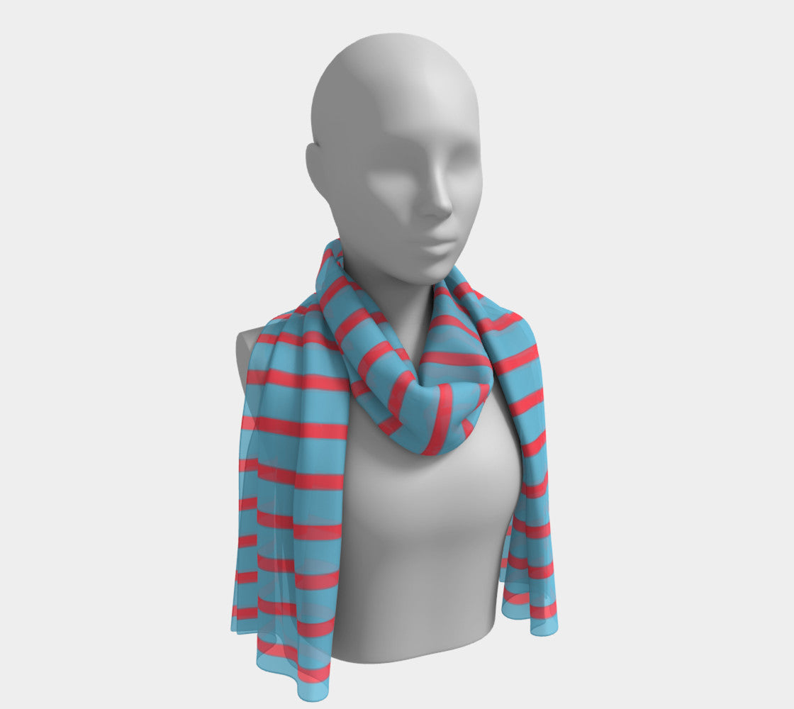 Striped Long Scarf - Darker Coral on Light Blue - SummerTies