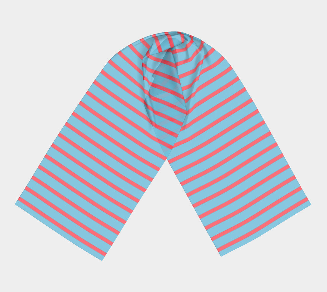 Striped Long Scarf - Darker Coral on Light Blue - SummerTies