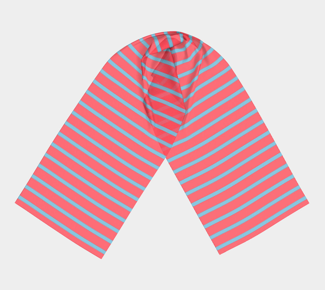 Striped Long Scarf - Light Blue on Darker Coral - SummerTies