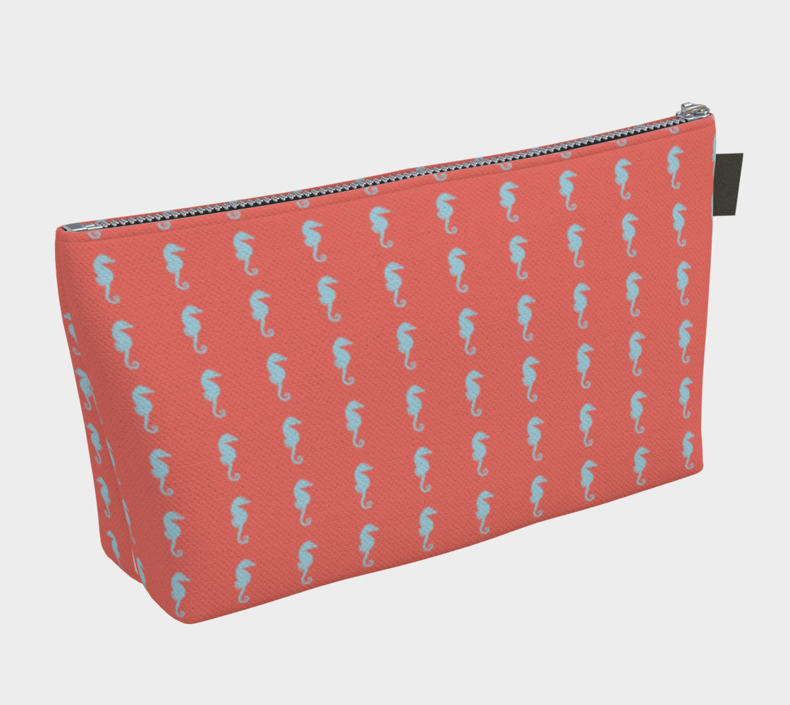 Seahorse Makeup Bag - Light Blue on Coral - SummerTies