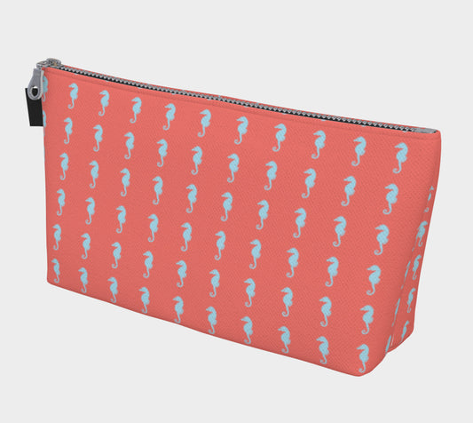 Seahorse Makeup Bag - Light Blue on Coral - SummerTies