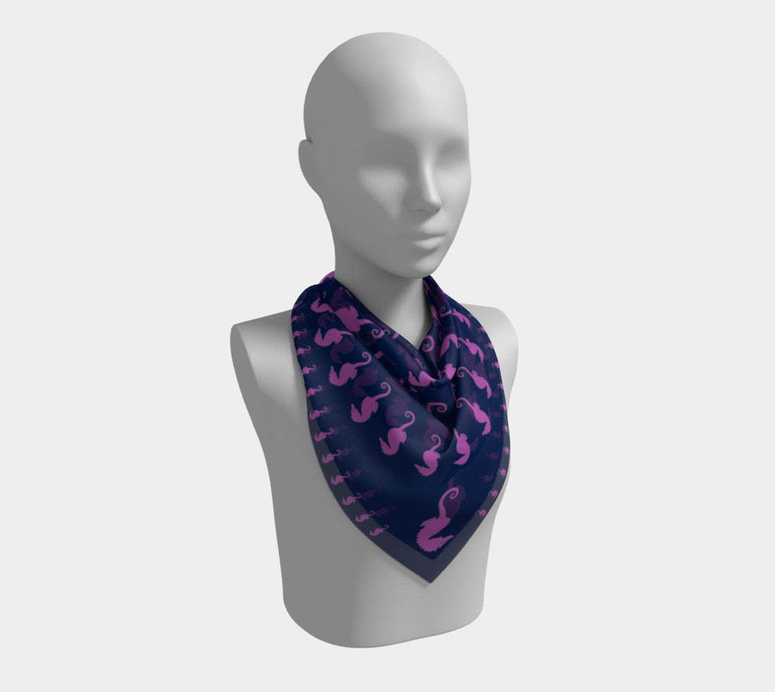 Seahorse Square Scarf - Pink on Navy - SummerTies