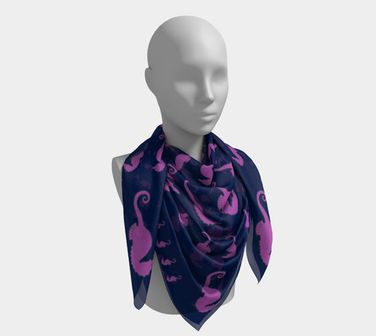 Seahorse Square Scarf - Pink on Navy - SummerTies