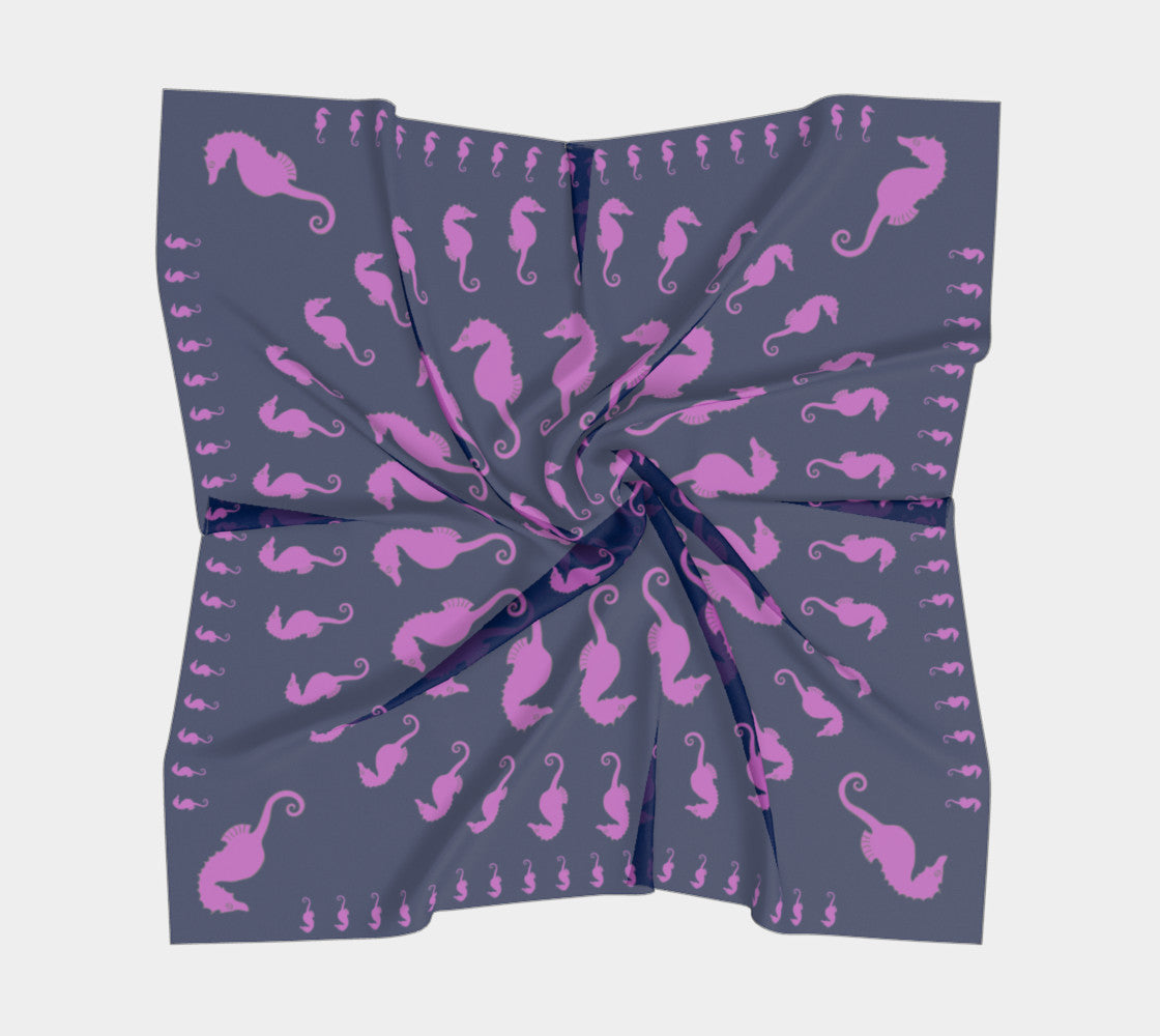 Seahorse Square Scarf - Pink on Navy - SummerTies