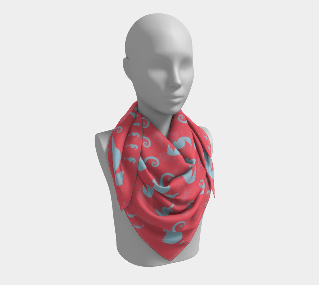 Seahorse Square Scarf - Light Blue On Coral - SummerTies