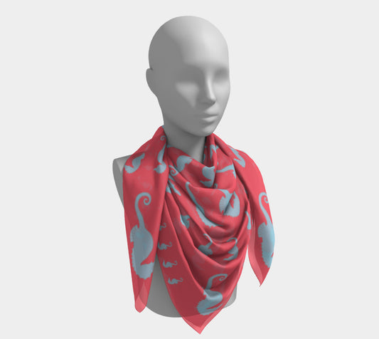 Seahorse Square Scarf - Light Blue On Coral - SummerTies