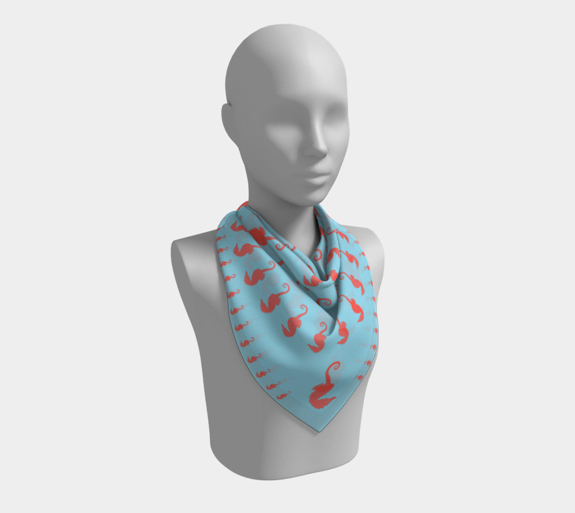 Seahorse Square Scarf - Coral on Light Blue - SummerTies