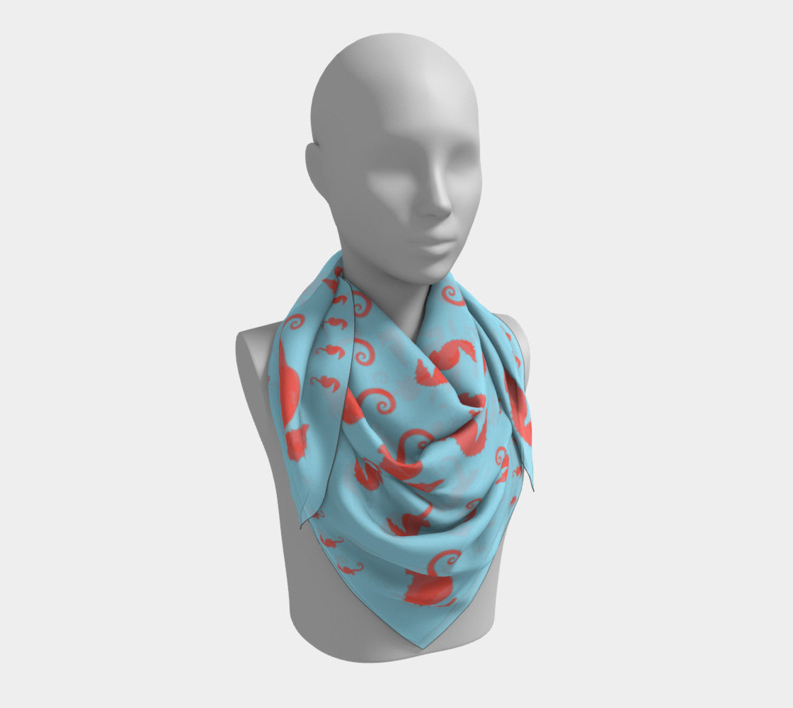 Seahorse Square Scarf - Coral on Light Blue - SummerTies