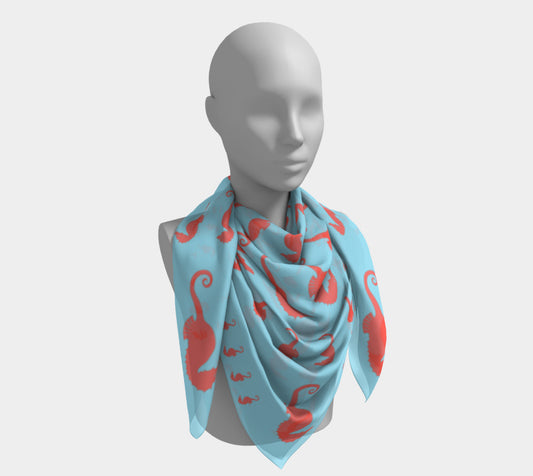 Seahorse Square Scarf - Coral on Light Blue - SummerTies