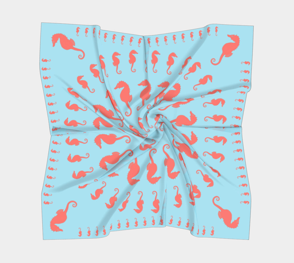 Seahorse Square Scarf - Coral on Light Blue - SummerTies