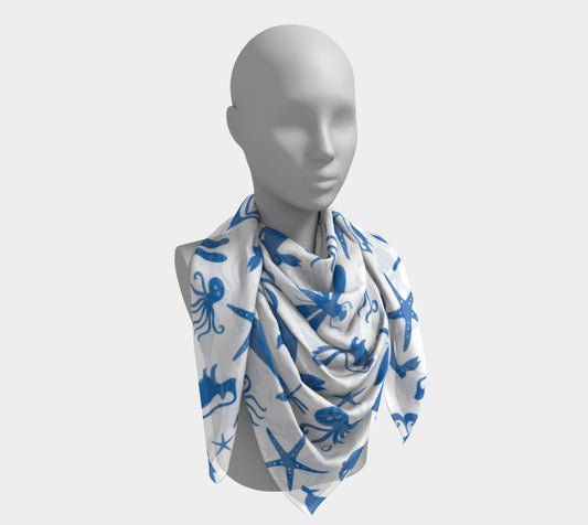 Multi Creature Square Scarf - Blue on White - SummerTies