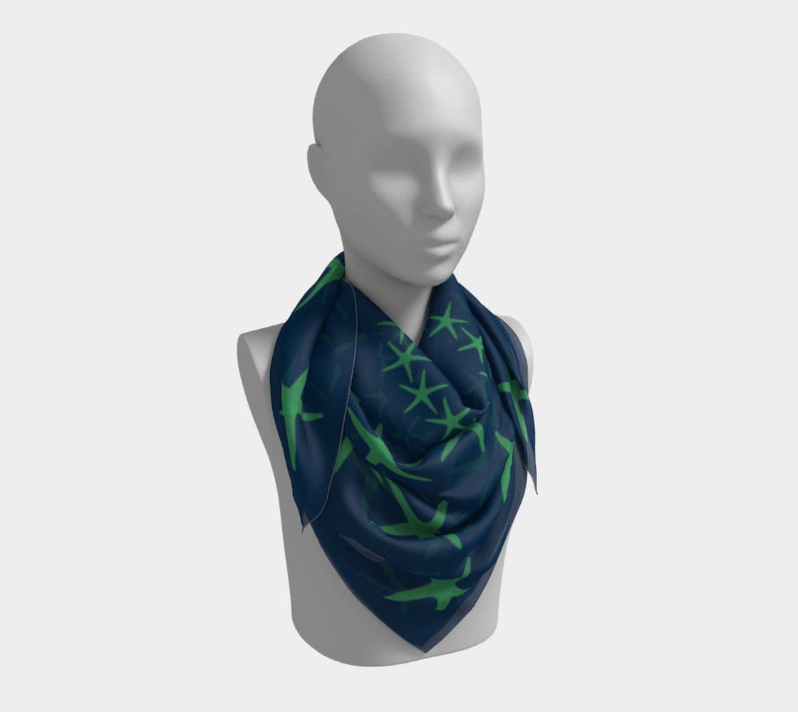 Starfish Square Scarf - Green on Navy - SummerTies