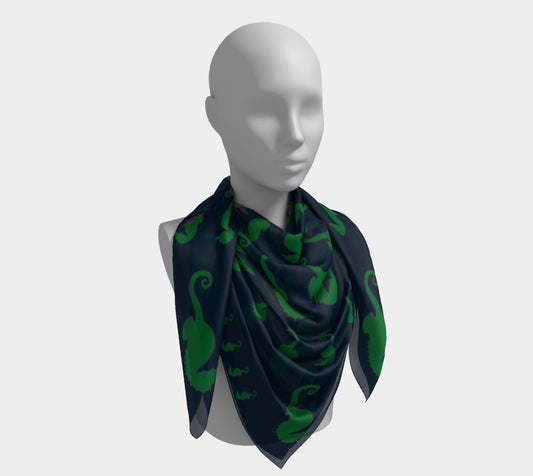 Seahorse Square Scarf - Green on Navy - SummerTies